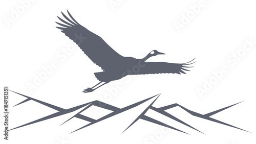 Minimalistic Illustration of a Flying Heron Over Geometric Landscape Lines