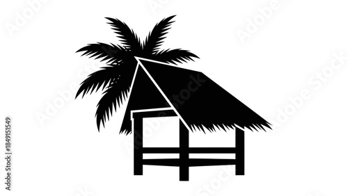 Simplified black and white silhouette of tropical beach hut with palm tree against plain background