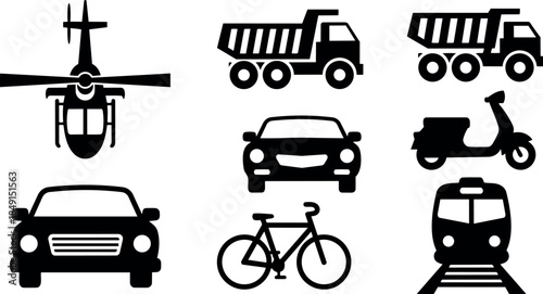 Black silhouette set of helicopter dump truck car scooter bicycle and train icons on white background vector graphic