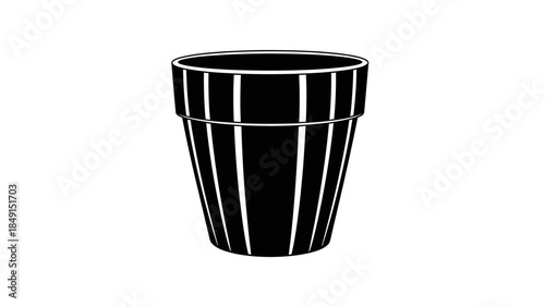 Stylized black and white outline of a flower pot with vertical stripes on a plain background