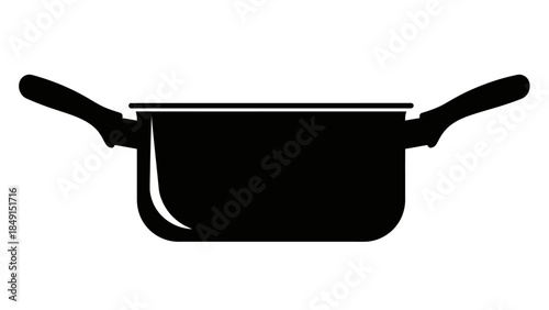 Silhouette of a cooking pot with handles on either side against a plain background