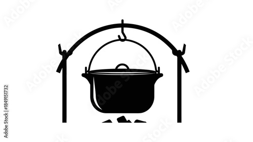 Simplified silhouette of a cooking pot suspended over a fire with supporting sticks