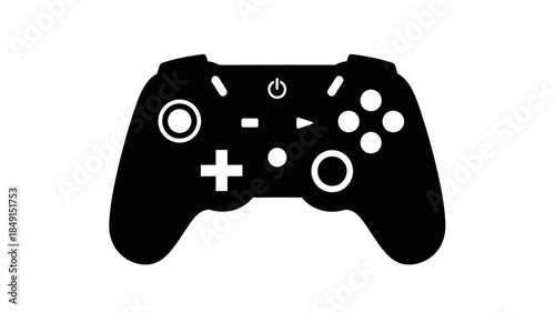 Minimalist black and white illustration of a modern gaming controller with ergonomic design and