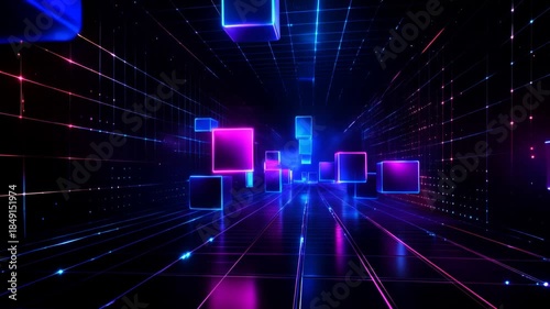 dark background with neon lights and holographic elements,