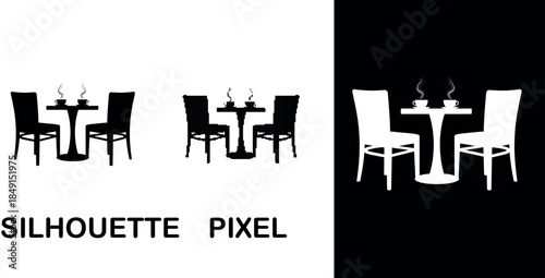 Silhouetted pixel  chairs and round table in a minimalist black design