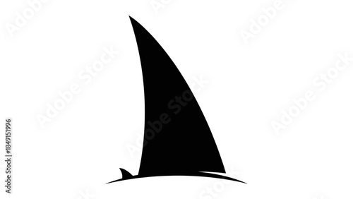 Minimalist black silhouette of a shark fin emerging from water against a stark white background