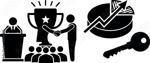 Black business achievement trophy handshake podium crowd key pie chart growth success icons set