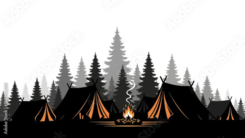 Serene Wilderness Scene Depicting a Cozy Campfire Circle Among Tall Evergreen Trees