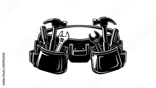 Tool belt with hammer wrench screwdrivers and pliers for construction work and handyman tasks