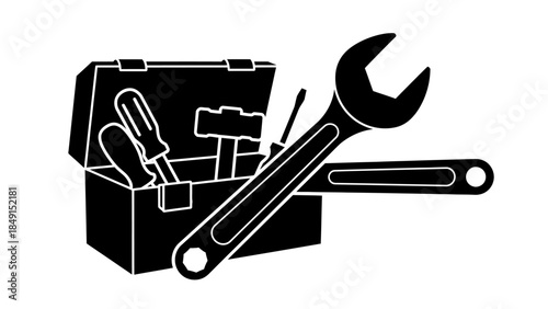 Iconic black and white illustration of repair tools and toolbox for maintenance work