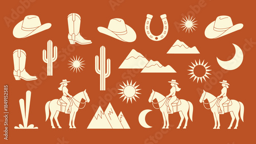 Western Icon Set with Cowboys, Cacti, and Desert Landscapes