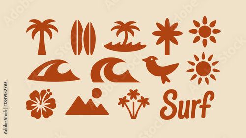 Vibrant Brown Surf Icons with Tropical Elements and Sun