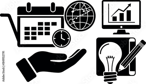 Flat icon set of hand holding calendar clock globe lightbulb and computer chart for business planning and global strategy concepts