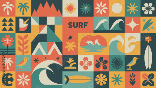 Vibrant Surfing Pattern with Tropical Elements and Wave Designs