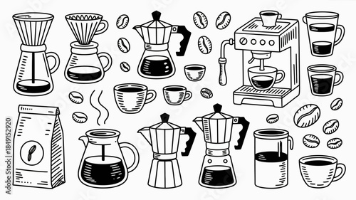 Black and White Coffee Brewing Equipment and Accessories Illustration