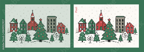 Cozy Snowy City at Christmas Eve: Pixel Art Poster Background
