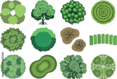 Variety of green shapes and natural elements in different configurations