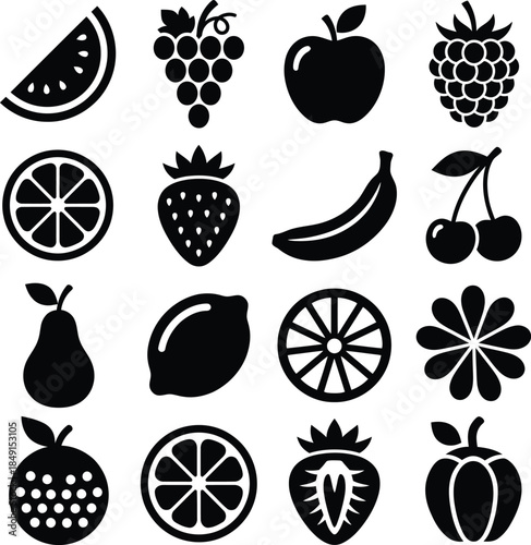 Collection of 16 black and white fruit icons on a white background