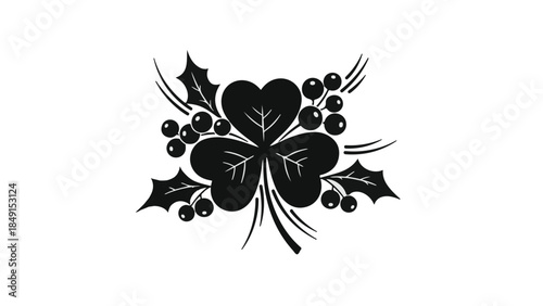 Black silhouette four-leaf clover heart-shaped leaf holly leaves berries St. Patrick's Day Irish heritage symbol illustration