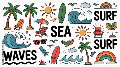 Vibrant Surfing and Beach Icons with Waves, Sun, and Palm Trees