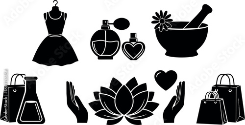 Black and white flat icon set of shopping bags perfume bottles lotus flower hands heart and mortar pestle silhouette design collection