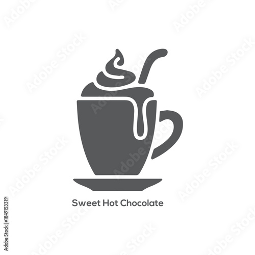 Minimalist hot chocolate mug icon with whipped cream foam snowflake decoration and stirrer on white background for winter holidays