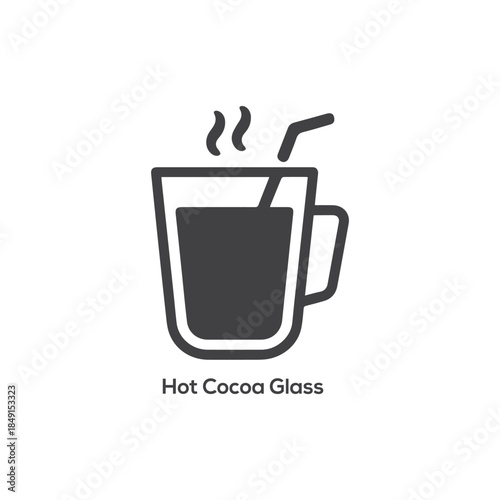 Minimalist hot chocolate mug icon with whipped cream foam snowflake decoration and stirrer on white background for winter holidays