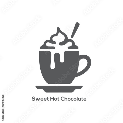 Minimalist hot chocolate mug icon with whipped cream foam snowflake decoration and stirrer on white background for winter holidays
