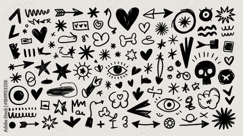 Diverse Black and White Doodle Icons and Symbols Collection