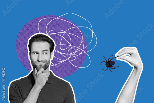Composite poster image artwork collage of puzzled man hand hold spider phobia fear arachnophobia halloween party tarantula