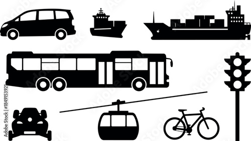 Black silhouette vector icons of various transport modes including bicycle cable car bus and traffic light illustration