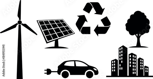 Black silhouette icons of wind turbine solar panel recycling symbol electric car city skyline and tree environmental sustainability concept