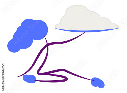 Girl holds tray of fluffy white cotton candy with  copy space. Vector stylized silhouette of slender dancer. Calm light colors and vibrant blue. Serenity. Simple flat style and minimalism.