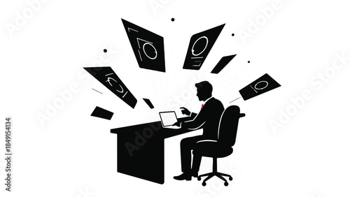 Businessman sitting at desk with money flying around, successful entrepreneur working on laptop, finance and wealth concept, modern office workspace