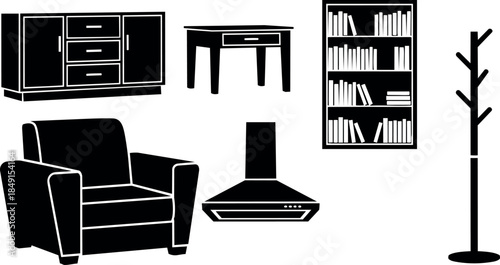 Silhouettes of black living room furniture set including armchair table bookshelf coat rack and exhaust hood isolated on white background