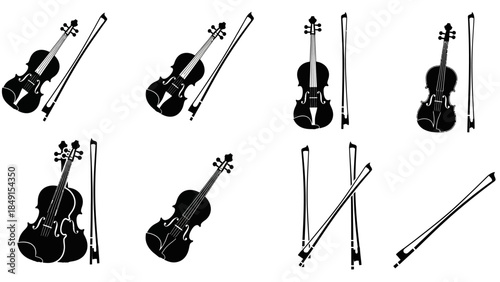 Minimalist Black Silhouettes of Violins and Bows Arranged in Repeating Patterns for Artistic Design