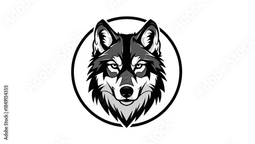 Stylized Black and White Wolf Head Emblem with Circular Frame for Logo Design