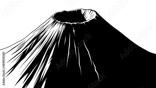 Stylized black and white illustration of a volcanic mountain with dramatic lines