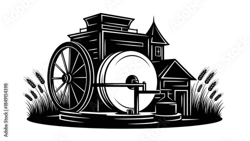 Vintage Black and White Illustration of an Old Watermill with Surrounding Nature Scene