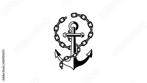 Minimalistic black and white anchor emblem entwined with a chain symbolizing stability and