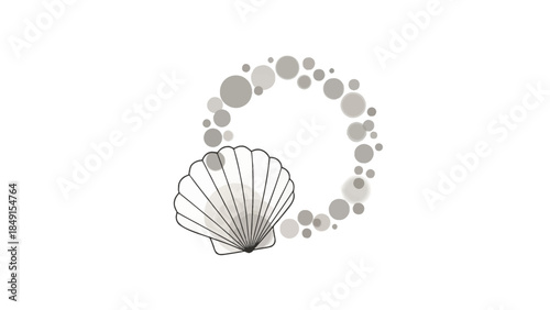 Minimalist seashell artwork with abstract circular bubble pattern emphasizing oceanic elegance and