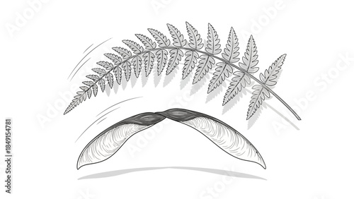 Minimalist black and white illustration of fern leaves and a seed pod on a white background