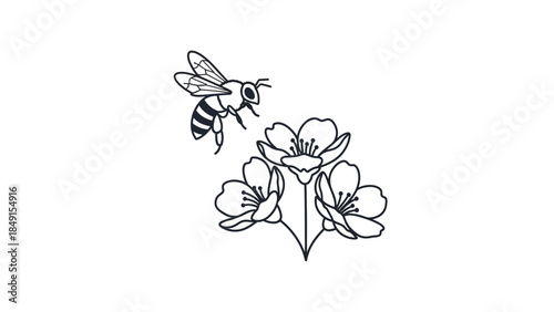 Minimalist Line Drawing of a Bee and Blooming Flowers Expressing Nature's Harmony