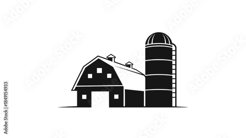 Minimalist black and white illustration of a traditional farmstead with a barn and silo design