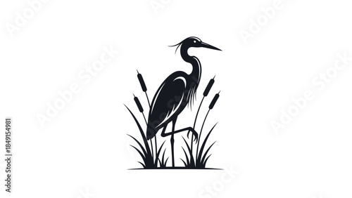 Minimalist Black and White Illustration of a Heron Standing Amid Tall Grass