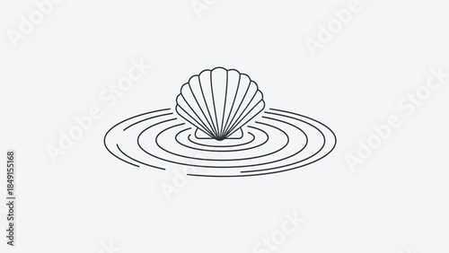 Minimalist Line Drawing of a Seashell Emerging from Calm Water Ripples