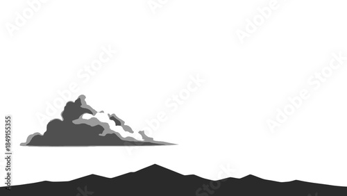 Minimalist monochrome cloud formation above a silhouette mountain range for serene landscape