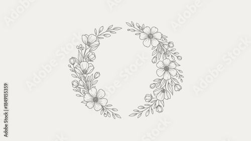 Elegant delicate floral wreath illustration with detailed line work and soft aesthetic for design