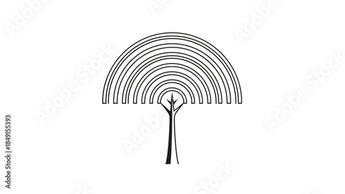Minimalist black and white abstract tree with concentric rainbow arcs design