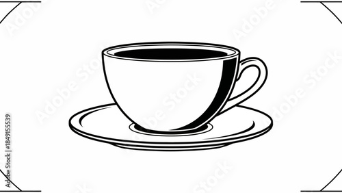 Minimalist black and white illustration of a coffee cup with a saucer in a clean, modern line art